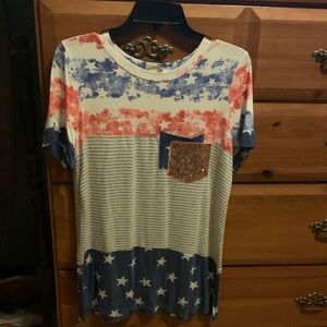 Lovely Melody Red, Blue, White Striped & Star Pocket Tee